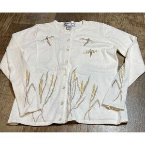Gladys Bagley Sweater Womens Small S Long Sleeve Dragon Fly Off White Beaded